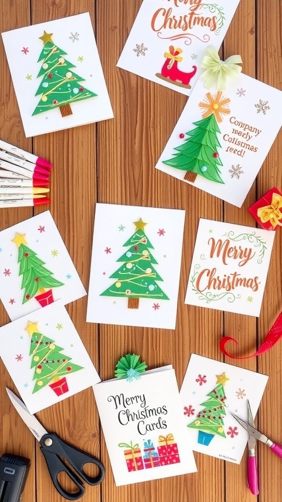 A variety of handmade 2D Christmas cards with different designs on a crafting table.